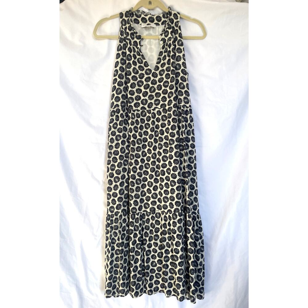 Amour Vert Sleeveless Blue White Floral Tiered Ruffle Summer Midi Dress, XS